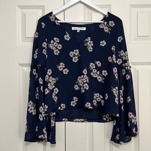 Cupcakes and Cashmere Floral Silky Bell Sleeve V-Neck Top Blouse